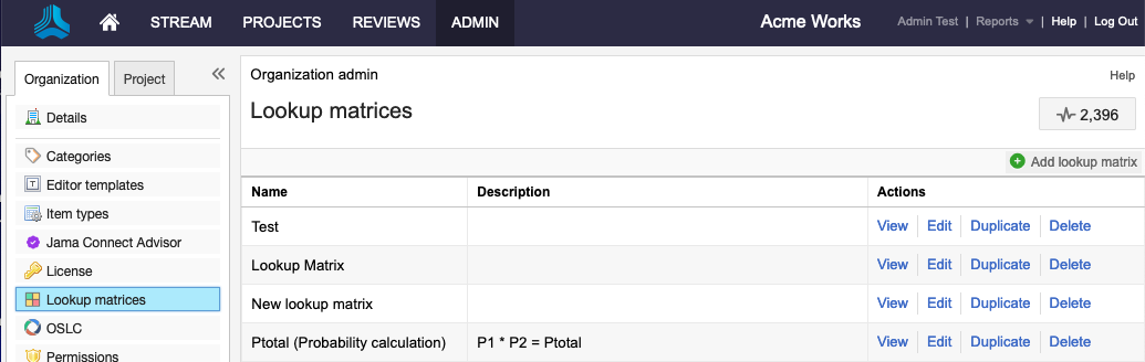 The Lookup matrices page displays a table with example name, description, and actions.