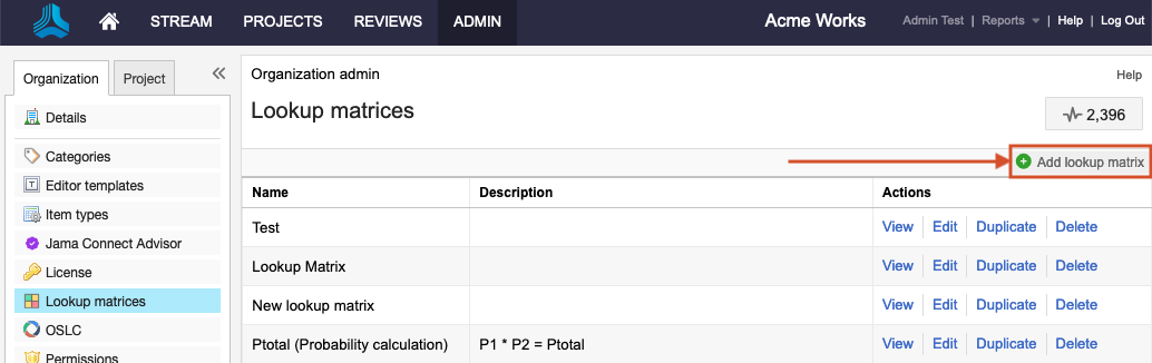 The Add lookup matrix button is highlighted on the Lookup matrices page.