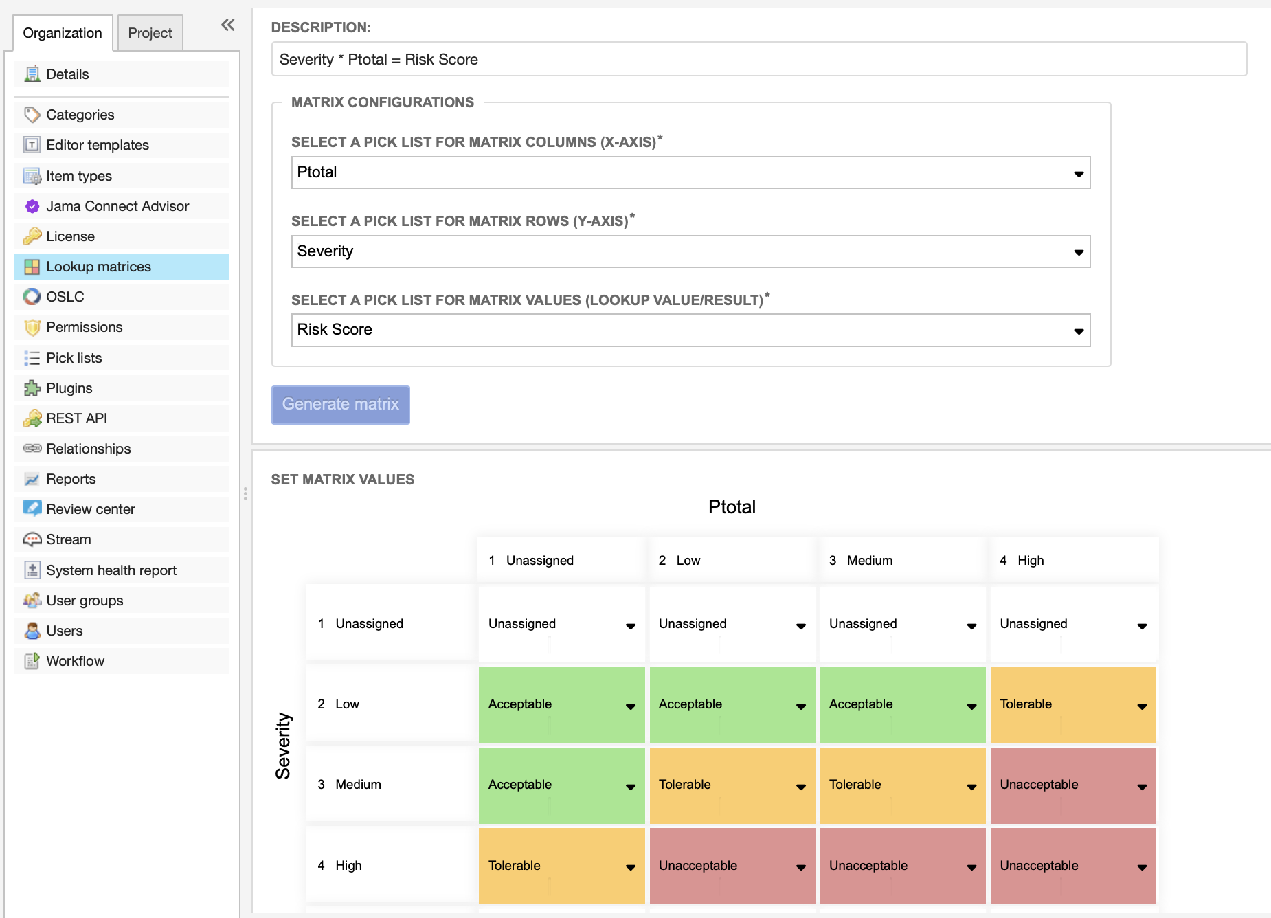 The Generate matrix button is selected on the Description page for adding a lookup matrix; below is an example table of cells to define.