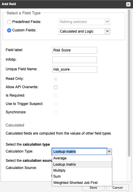 The Add field window displays the fields and options for defining the field, with the Calculation Type drop-down menu expanded.