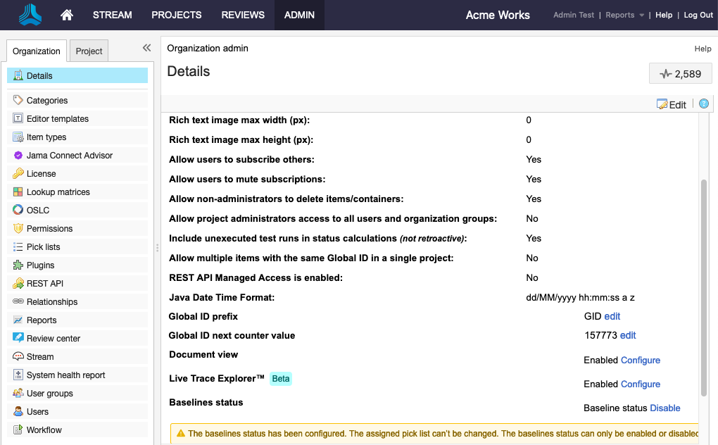 The Details page for an example Organization displays the list of available options to define your organization.