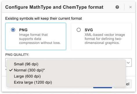 The Configure MathType and ChemType format window includes two format types, PNG and SVG, plus a drop-down menu for the selected type's quality (dpi).