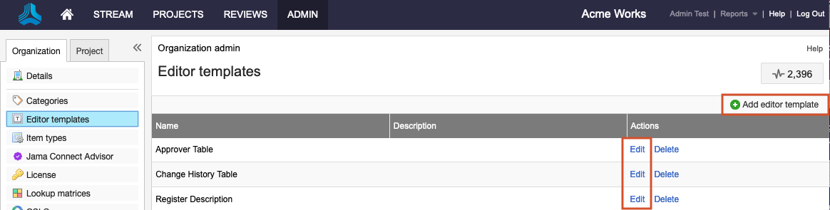 The Editor templates page lists each template with Edit and Delete actions (to change existing templates), and the Add new template button.