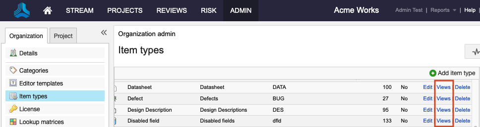 The View action is highlighted under the Action column for each item type listed on the Item types page.