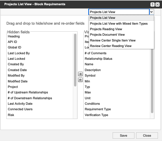 The drop-down list is expanded on the Projects List View - Block Requirements window.