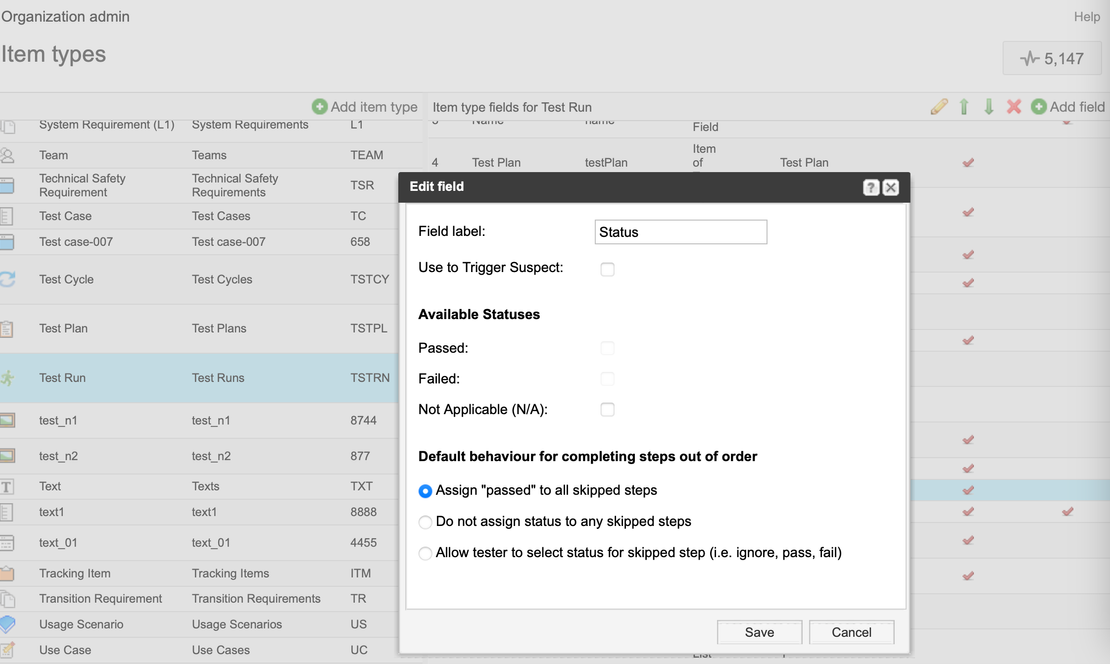 The Edit field window includes the fields and options for defining and editing a field definition; this page shows that the option Assign "passed" to all skipped steps is selected.