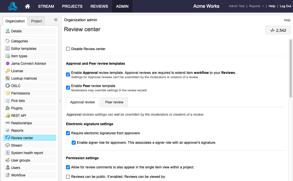 The details panel for the Review center page includes the options for defining your review.