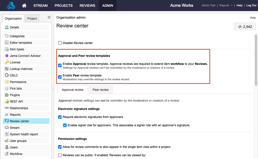 The details panel for the Review center page highlights the options for defining Approval and Peer review templates.