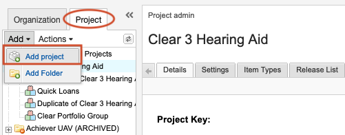 The Actions drop-down menu under the Project tab lists two actions: Add project (highlighted) and Add Folder.