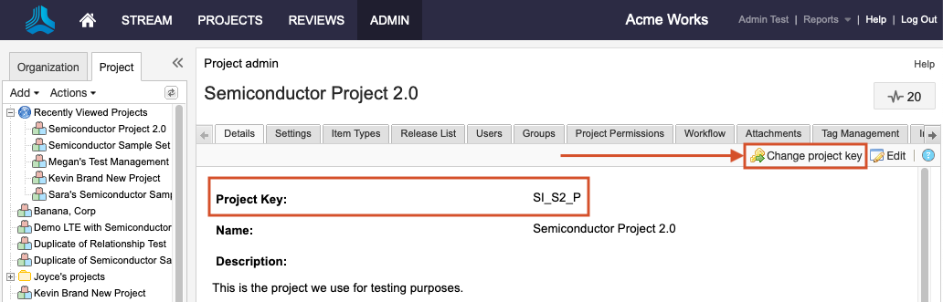 The Details tab for a selected project shows that the Change project key button and the Project Key value are highlighted.