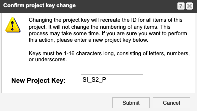 The Confirm project key change window includes the field for the new project key.