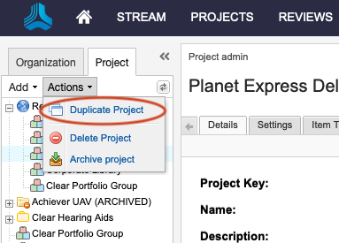 The Actions drop-down menu for a selected project displays the available actions, with Duplicate Project highlighted.