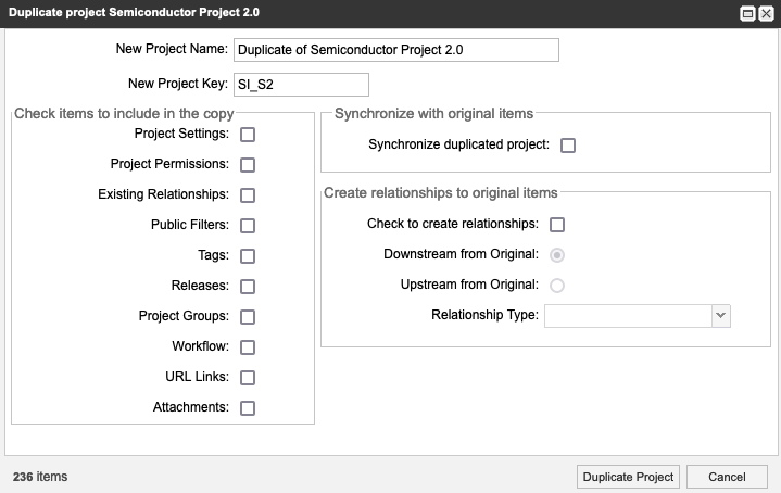 The Duplicate project window displays the fields and options for copying an existing project.