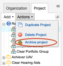 The Actions drop-down list under the Project tab includes three actions, with Duplicate project highlighted.