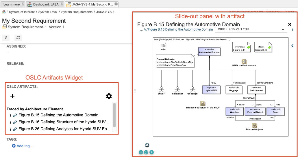 Example of OSLC Artifacts Widget in Jama Connect.