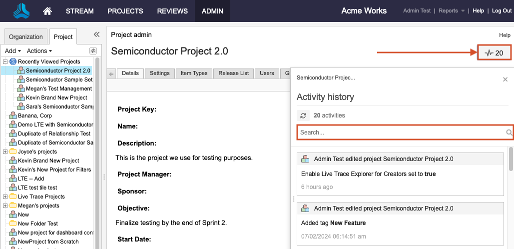 The details panel for a selected project shows that the Activity stream button is highlighted, along with the search field under Activity history.