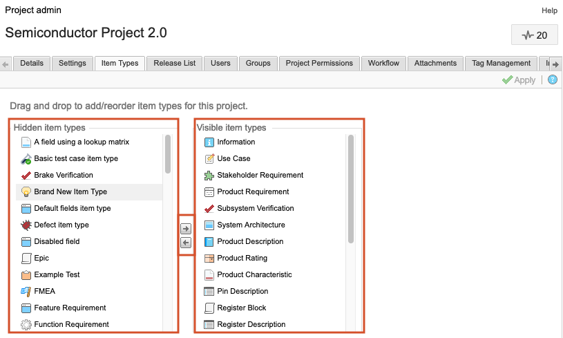 The Item Types tab displays the columns Hidden item types and Visible item types, which are highlighted along with the action arrows for moving items between columns.