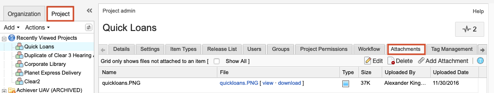 The Project tab is highlighted, along with the Attachments tab on the details panel for the selected project.