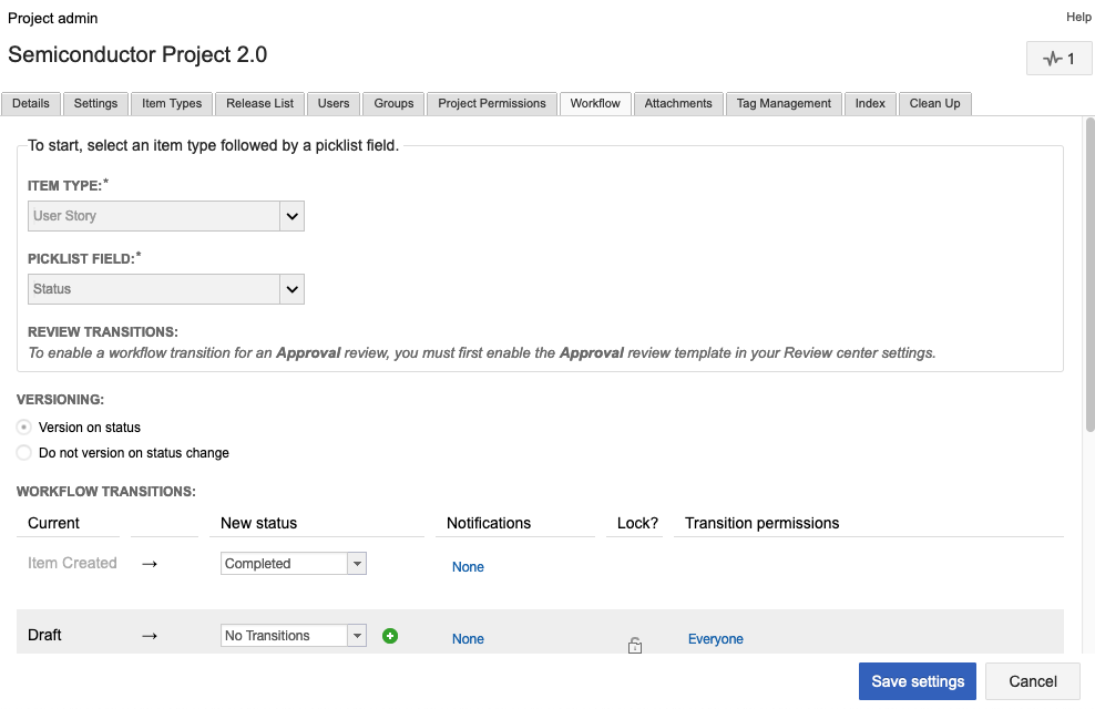 The Workflow tab for the selected project includes the fields and options for configuring workflow.