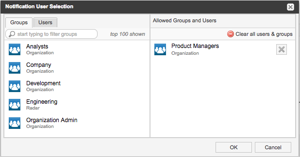 The Notify User Selection window includes a column with available groupd and users, and a column with allowed groups and users.