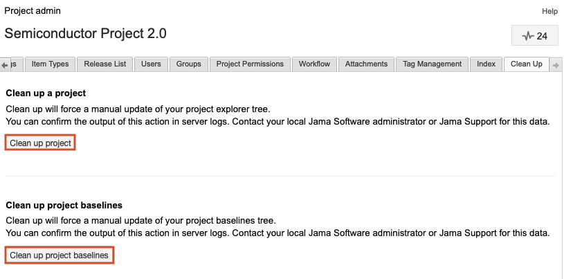 The Clean Up tab for the selected project includes two actions that are highlighted: Clean up project and Clean up project baselines.