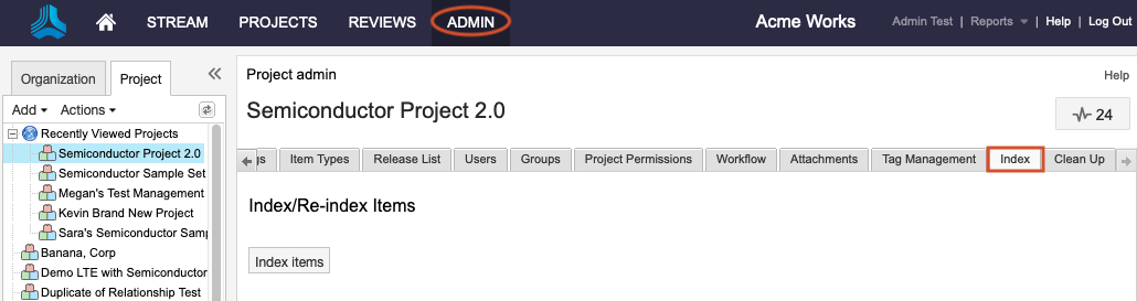 The Admin button in the header is highlighted, along with the Project tab in the Explorer Tree and the Index tab in the details panel.