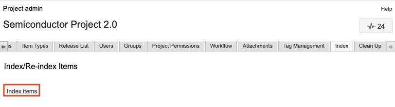 The Index items action is highlighted on the details panel for the selected project.