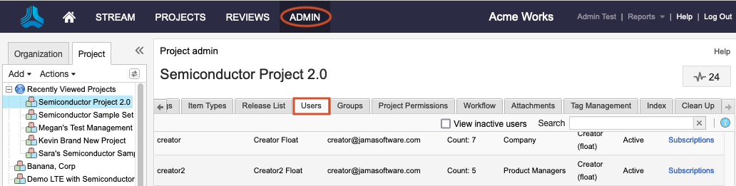 The Admin button in the header is highlighted, along with the Users tab in the in the details pane of the selected project.