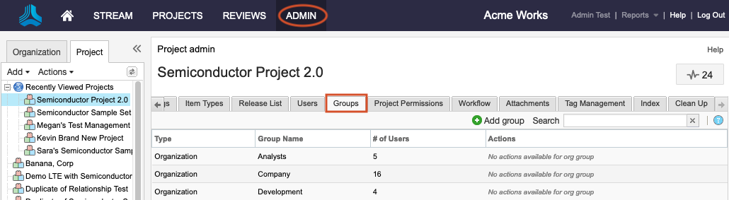 The Admin button in the header is highlighted, along with the Groups tab in the details panel for the selected project.