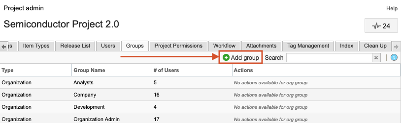 The Add group button is highlighted on the Groups tab of the selected project.