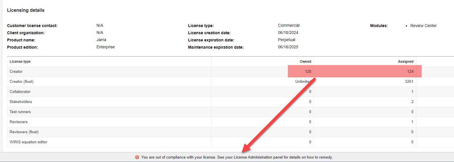 Error message: License out of compliance.