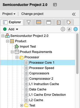 The Explorer Tree displays the list of requirements for a product.