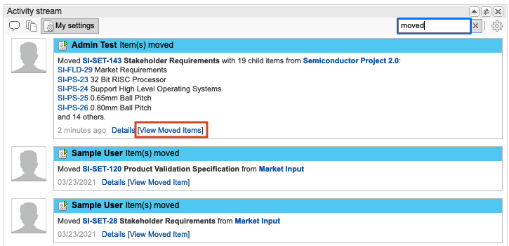 The search field for the Activity stream is highlighted and includes the string "moved," and the View Moved Items button is also highlighted.
