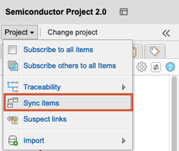 The Sync items option is highlighted in the Project drop-down list.