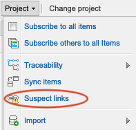 The Suspect links option is highlighted in the Project drop-down list.