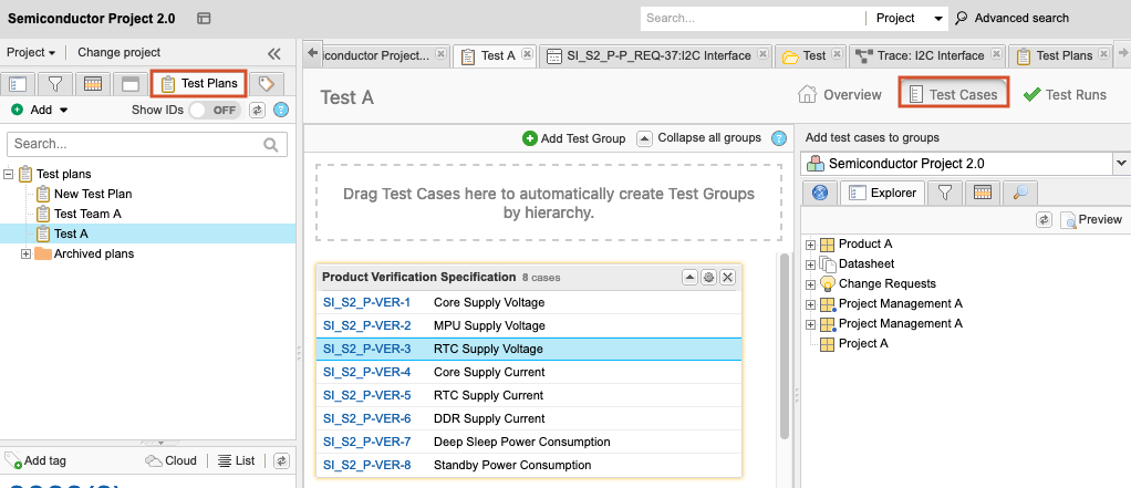 The Test Plans option is highlighted in the left panel and the Test Cases icon is highlighted in the details panel.