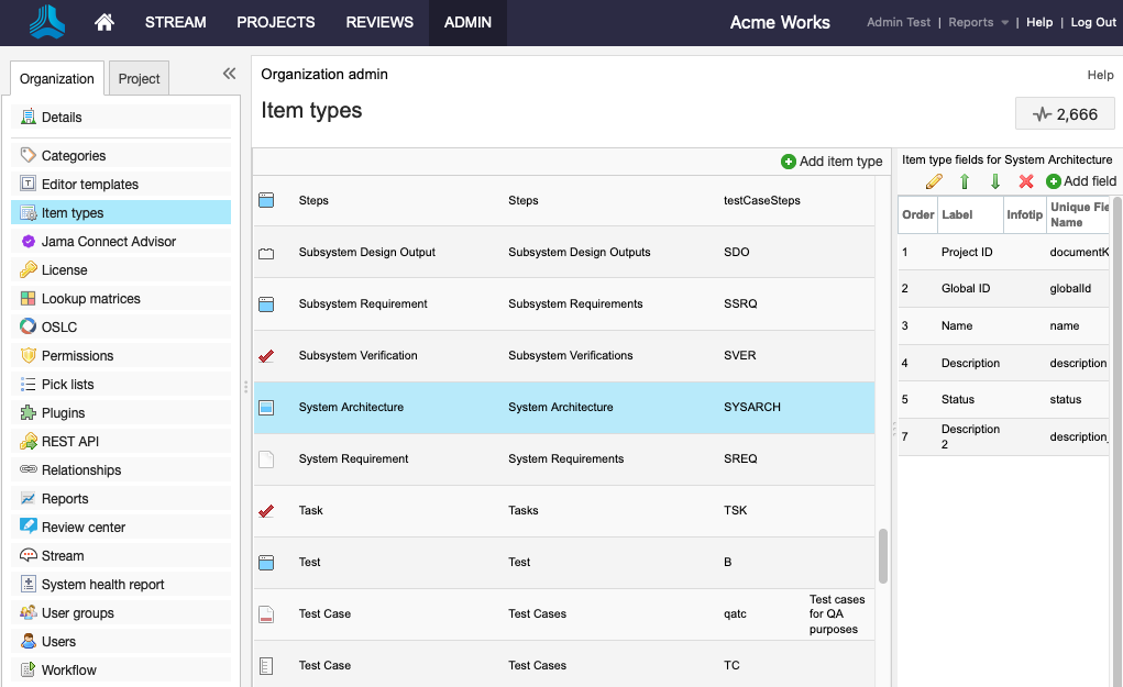 The Item types details panel displays a table of item types.