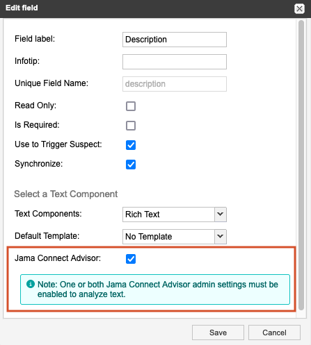 The Edit field window includes the fields and options for defining or editing a field, with the Jama Connect Advisor option selected and highlighted.