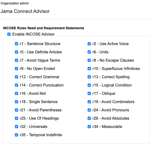 On the Jama Connect Advisor page, the option Enable INCOSE Advisor is selected along with all listed rules.