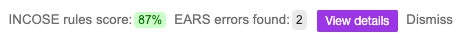 The quality rating and quick analysis summary includes a score, number of errors found, and two buttons: View details and Dismiss.