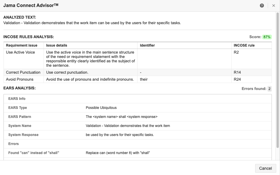 Jama Connect Advisor window displays the details of the analyzed text, including INCOSE Rules analysis and EARS analysis.