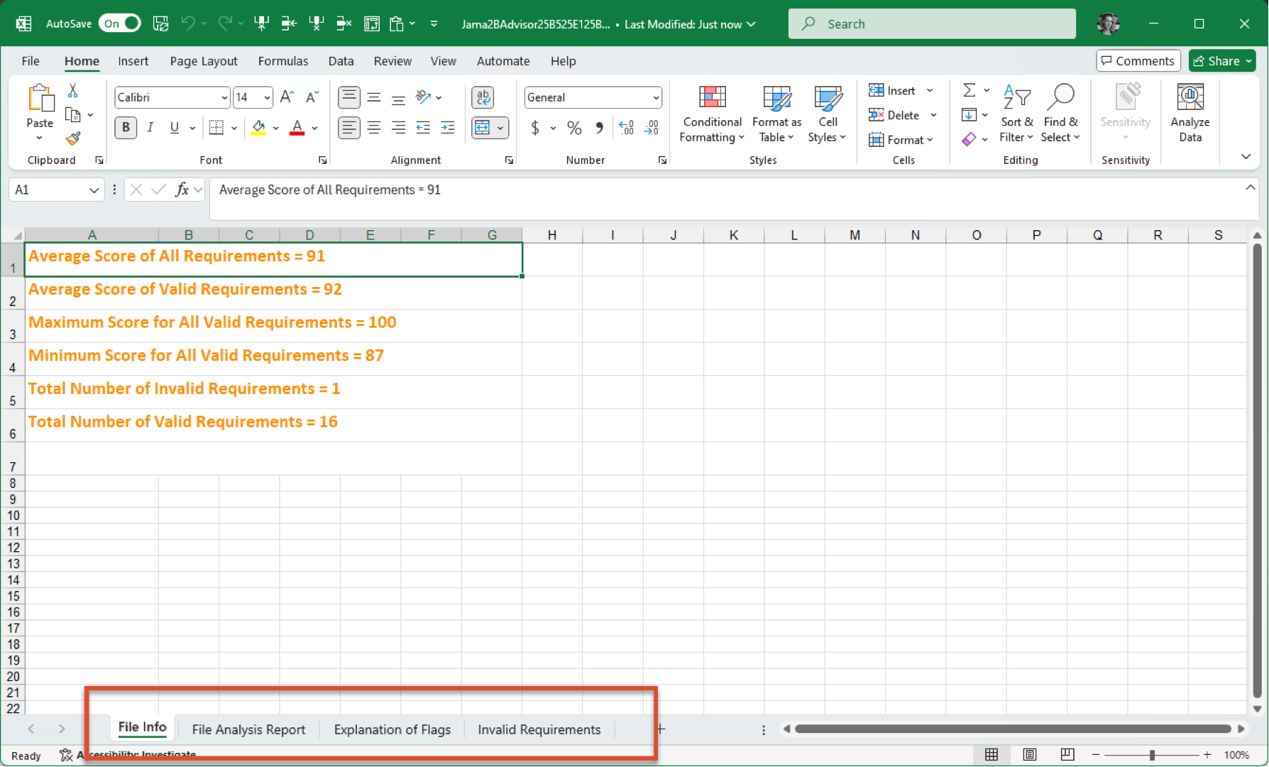 The various worksheet tabs on the Excel report are highlighted.