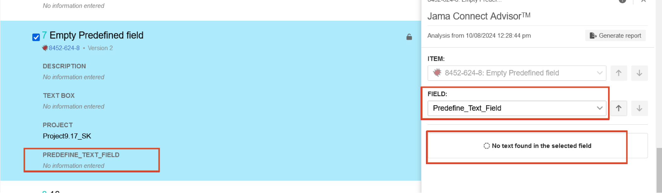 An empty field is highlighted and the Jama Connect Advisor report displays an empty Description field and an error message that are highlighted.