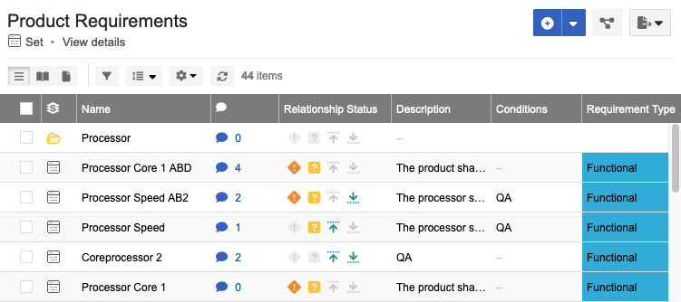 The UI shows a list of items in table form.