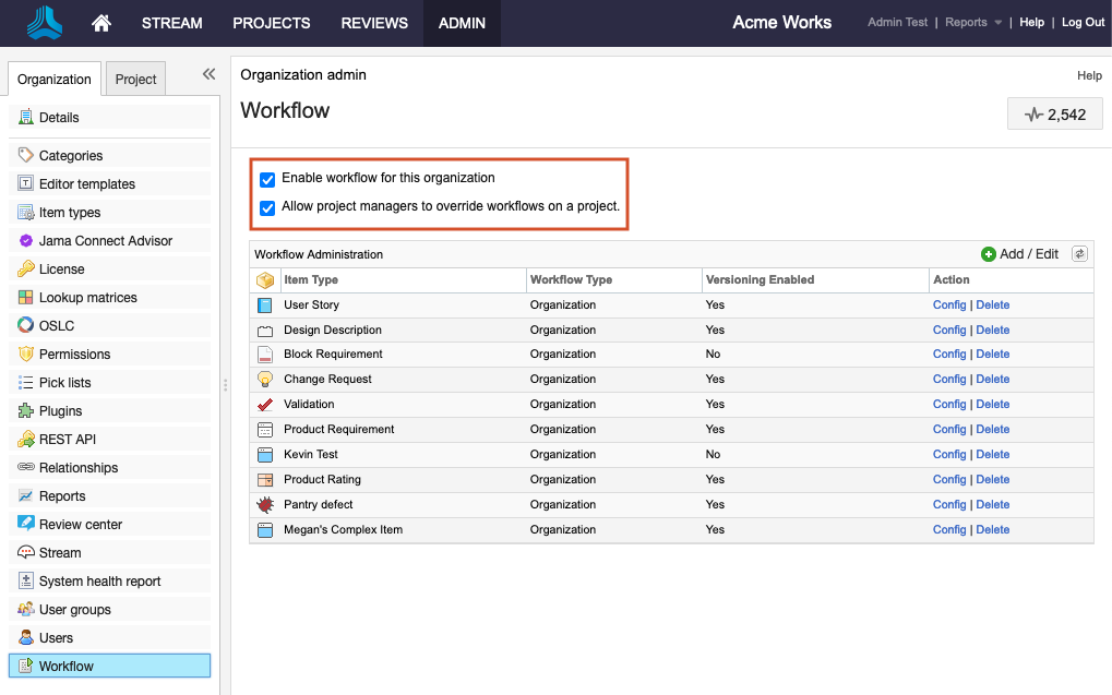 Two options at the top of the Workflow details page are selected and highlighted: Enable workflow for this organization and Allow project managers to override workflows for a project.