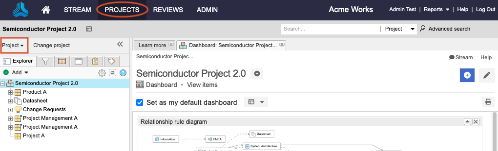 The Projects button and Project tab are highlighted for a selected project.