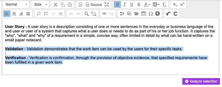 A User Story is displayed with two paragraphs highlighted and the Analyze selection button is highlighted.