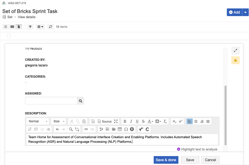 In Document View, text is displayed for editing and below it, the option Highlight text to analyze is selected.