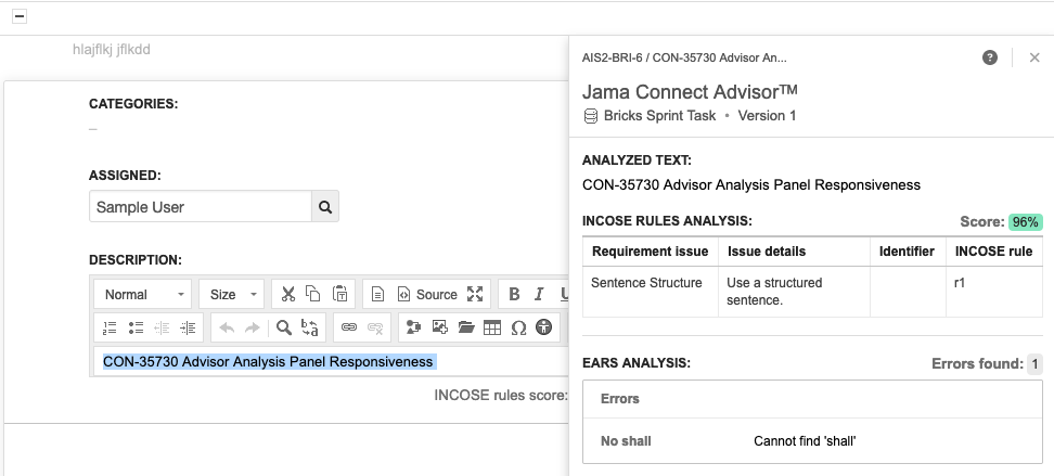 The analysis report displays a score for INCOSE Rules analysis and the number of errors found for EARS analysis.