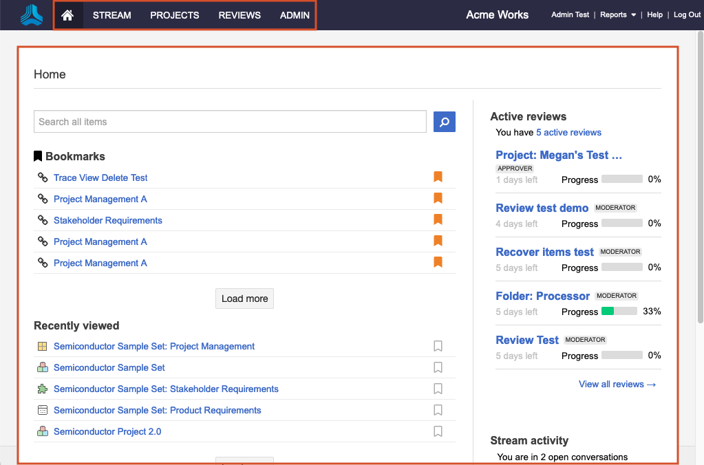 Jama Connect header includes four areas (Stream, Projects, Reviews, Admin) and the Home page shows links to bookmarks and recently viewed items.
